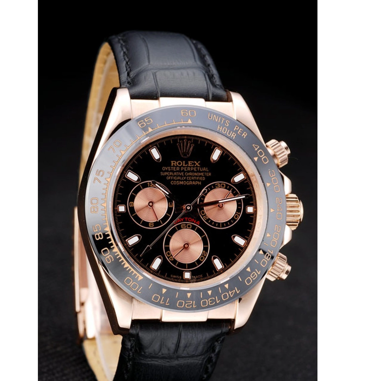 Aaa replica Gold Rose Rolex Black Leather Black Case Daytona Dial Strap 0706